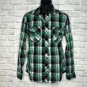 Helix Athletic Fit Black & Green Plaid Button Down Shirt Size Medium